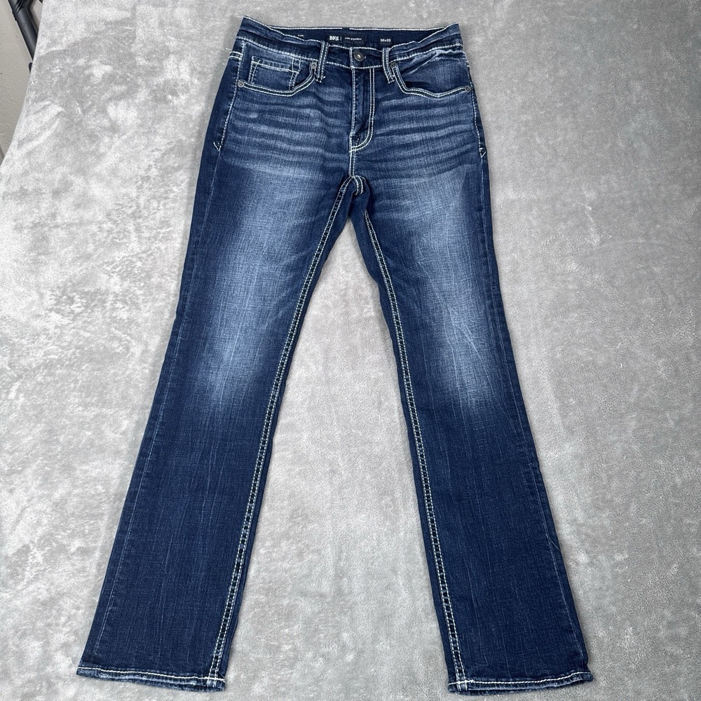 BKE Jake Jeans Mens 30x32 Blue Dark Wash Straight Stretch Denim Whiskers